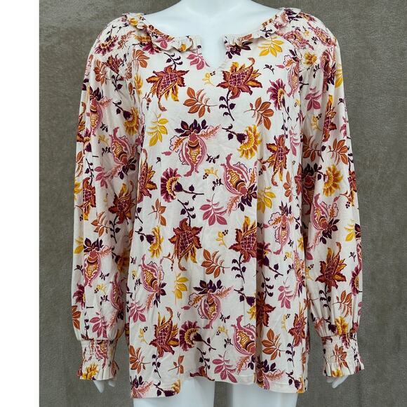 Talbots Top Womens 2X Cream Floral 100% Cotton Ruffles Boho Peasant Fall Autumn - Picture 1 of 9